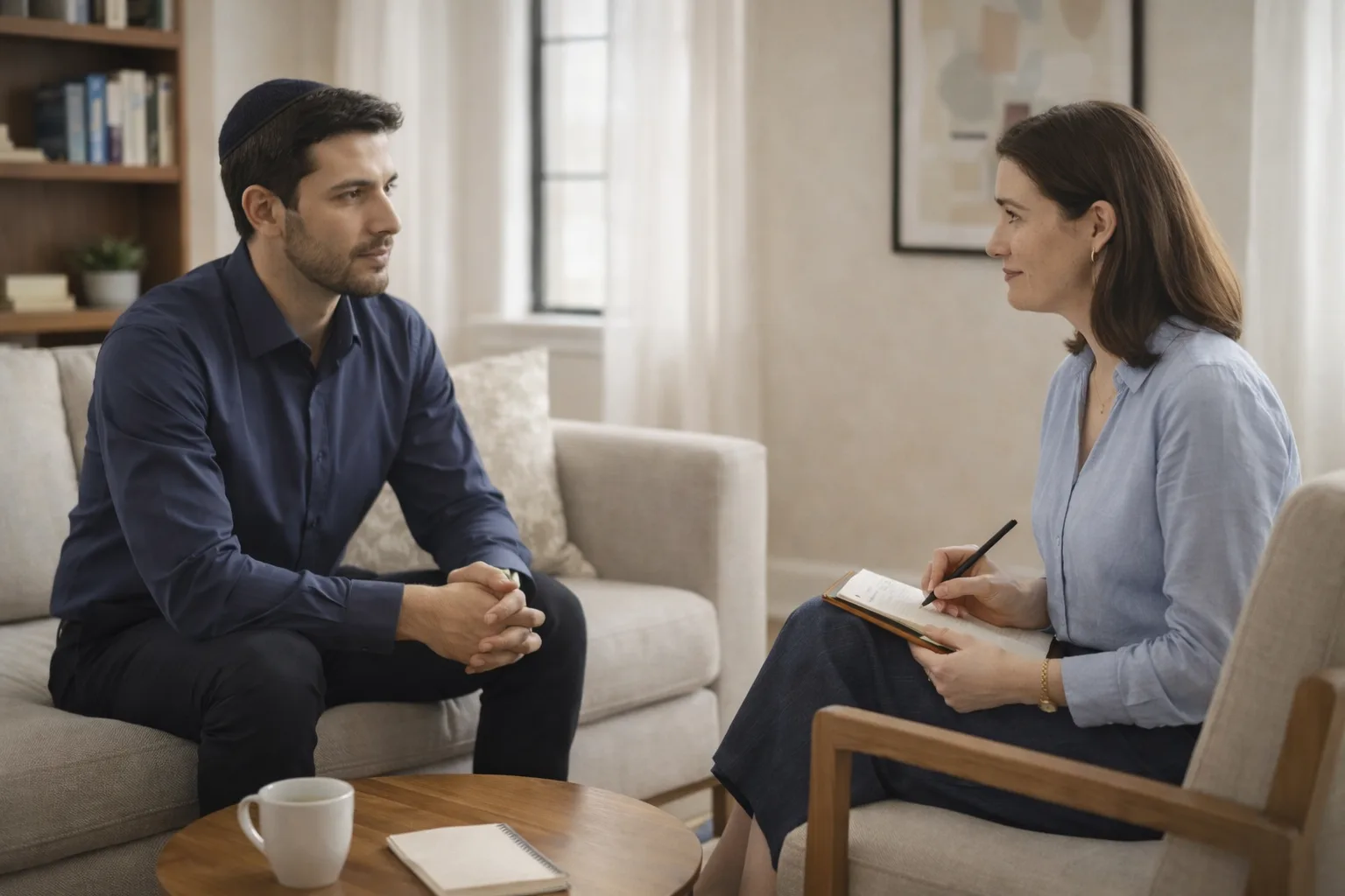 LGBTQ-sensitive therapist and client in a supportive counseling session